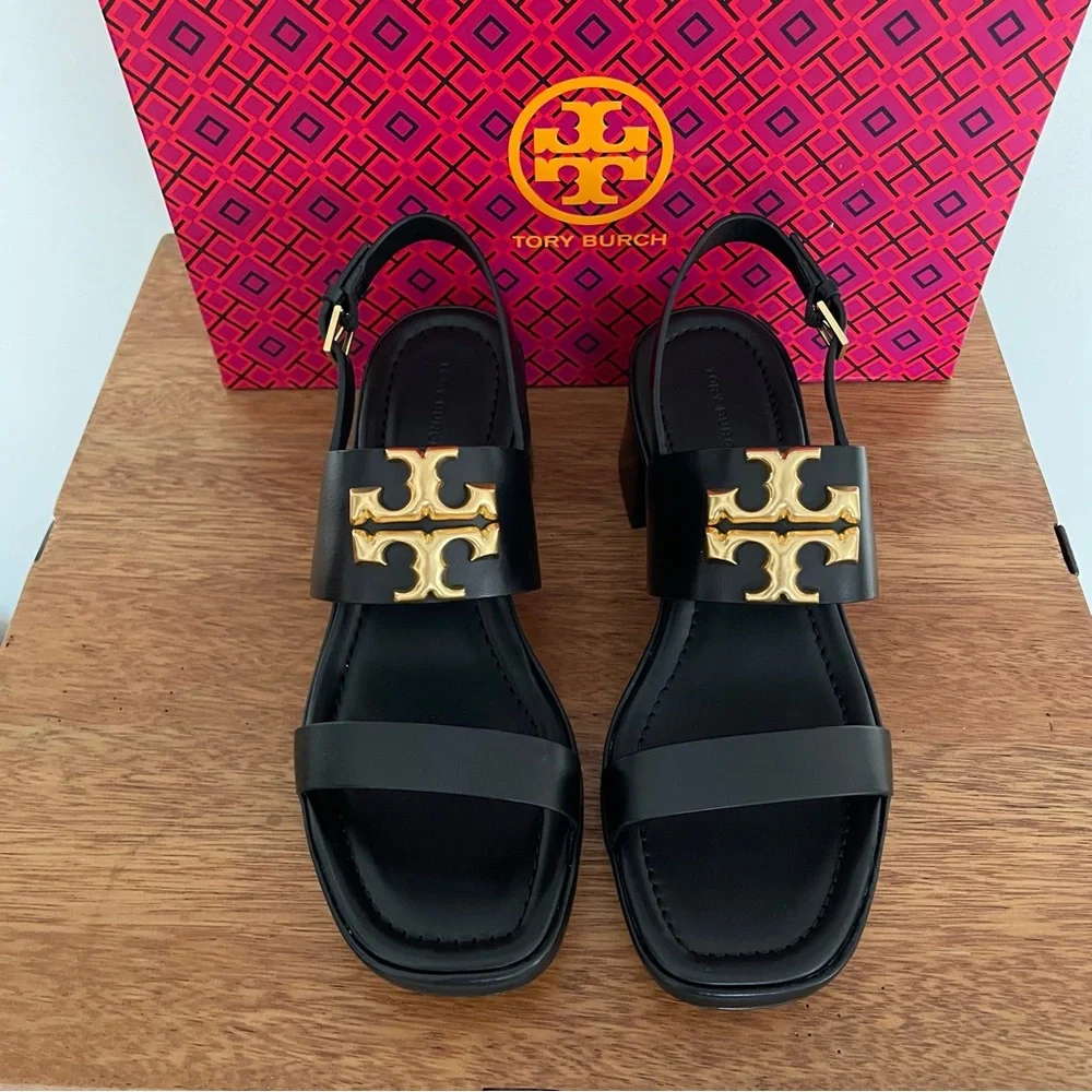 Brand New 💜 Tory Burch Black and Gold Block Heel Sandals - Picture 8 of 13